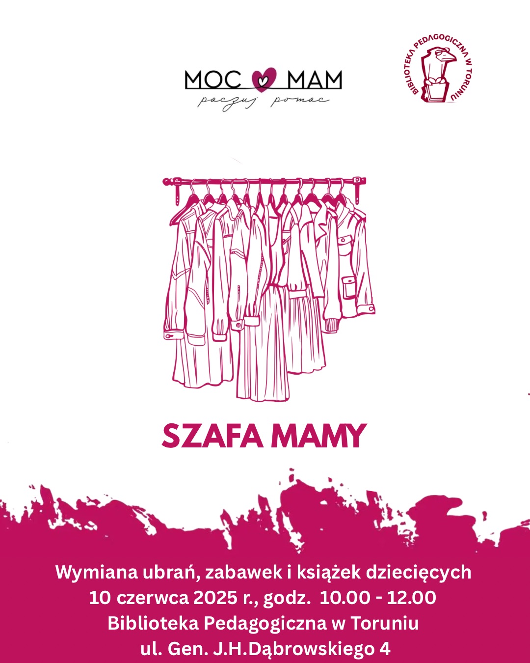 Różowo-biały rysunek rzeczy wiszących na wieszakach.