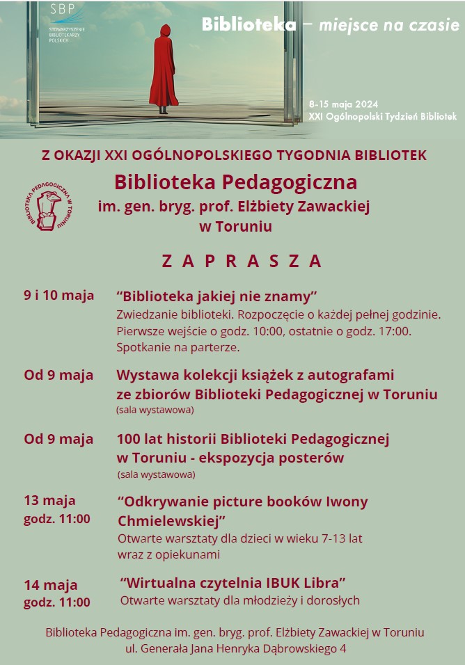 Plakat promujacy XXI Ogólnopolski Tydzień Bibliotek - wydarzenia organizowane przez Bibliotekę Pedagogiczną w Toruniu