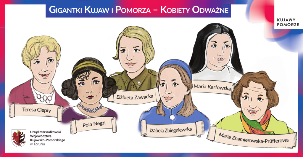 Kolorowe rysunki popiersi sześciu kobiet, podpisanych: Tersa Ciepły, Pola Negri, Elżbieta Zawacka, Izabela Zbiegniewska, Maria Karłowska i Maria Znamierowska-Prüfferowa.