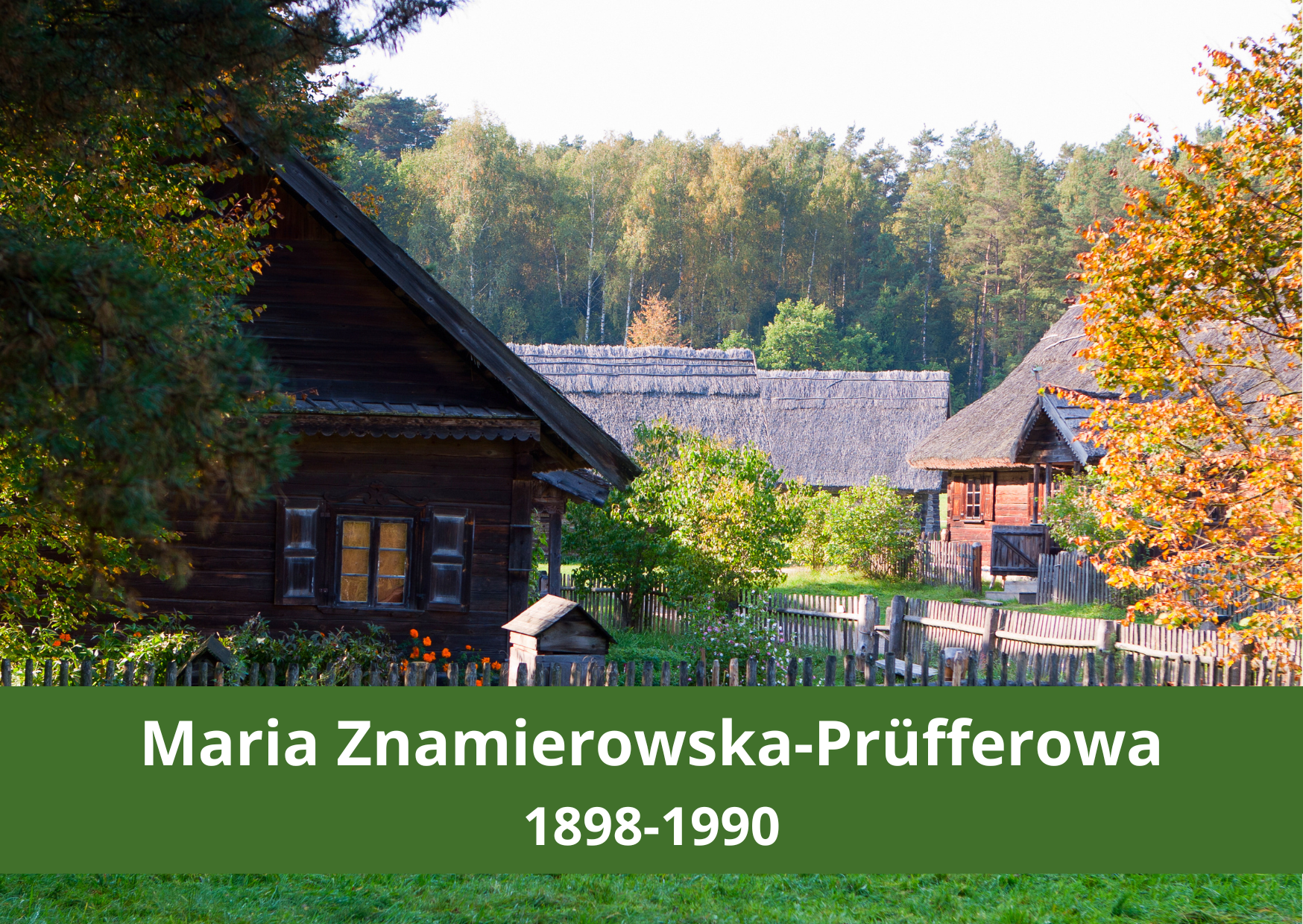 Widok na domy pod strzechą. Za domami las. Napis Maria Znamierowska-Prüfferowa 1898-1990