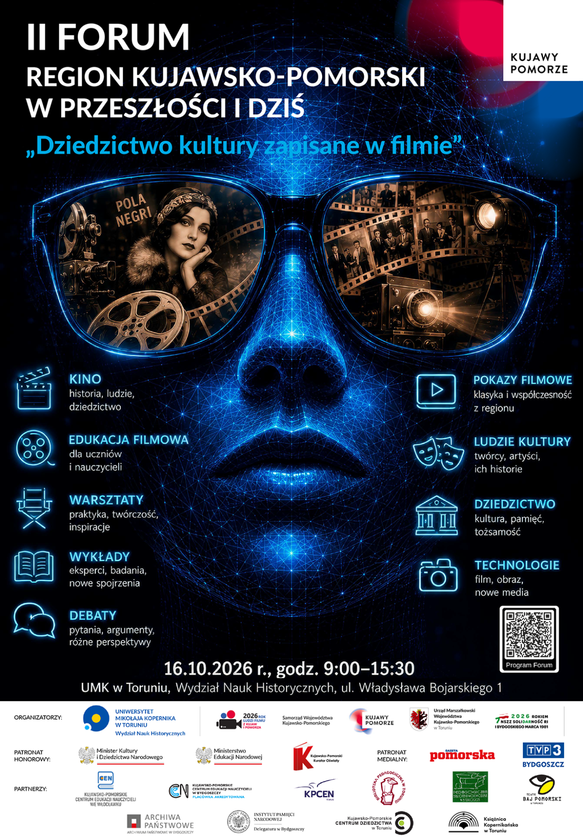 Plakat informujący o&nbsp;wydarzeniu II Forum Region Kujawsko-Pomorski w&nbsp;Przeszłości i&nbsp;Dziś.