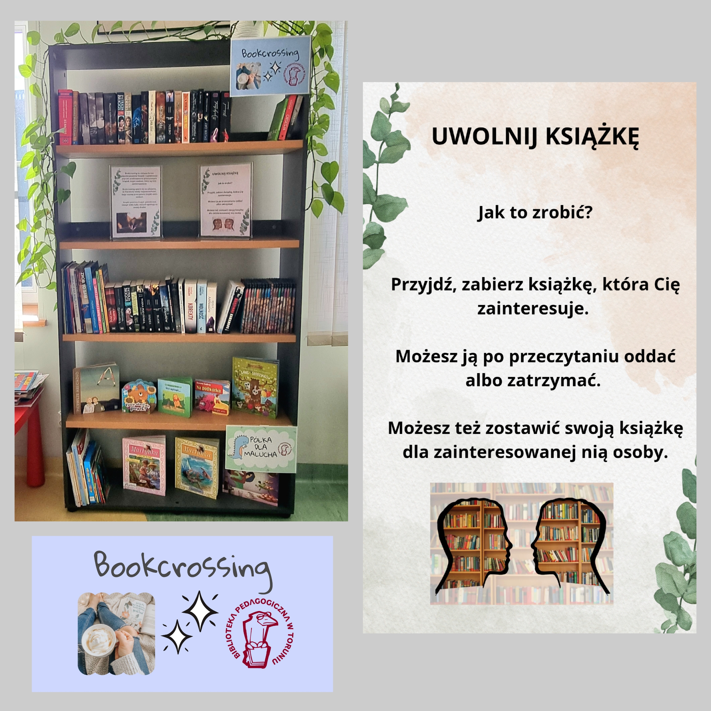 Kolaż trzech zdjęć. Pierwsze po lewej regał wypełniony książkami przeznaczonymi do akcji Bookcrossingu, po prawej instrukacja uwalniania książek, u dołu po lewej grafika z napisem Bookcrossing.