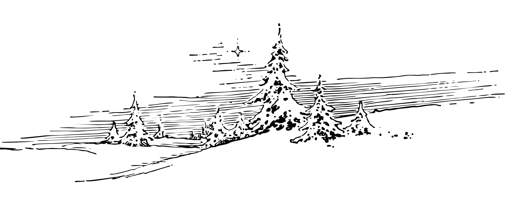 Czarno biały rysunek przedstawiający choinki
