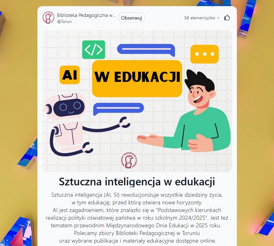 Po prawej stronie mężczyzna w zielonej bluzce, z czarnymi włosami, po lewej robot. Napis AI w edukacji