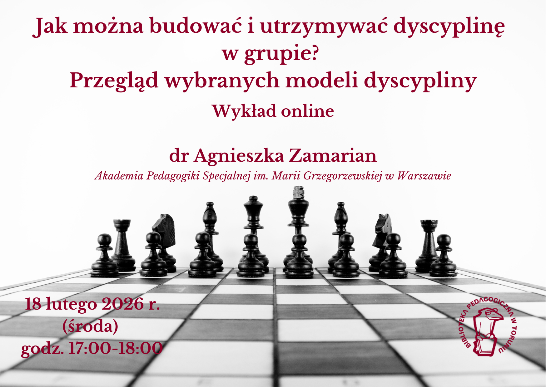 Plakat informujący o&nbsp;wykładzie online w&nbsp;Bibliotece Pedagogicznej w&nbsp;T