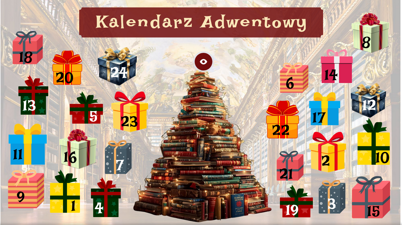 Grafika przedstawiająca pierwszą stronę Kalendarza Adwentowego Biblioteki Pedagogicznej. Po srodku choinka ułożona z książek, po obu stronach choinki rozrzucone kolorowe prezenty. Na każdym prezencie cyfra od 1 do 24. U góry po środku napis Kalendarz Adwentowy.