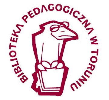 Bordowy logotyp: ptak w okularach siedzący na książce, wokół niego napisBiblioteka Pedagogiczna w Toruniu.