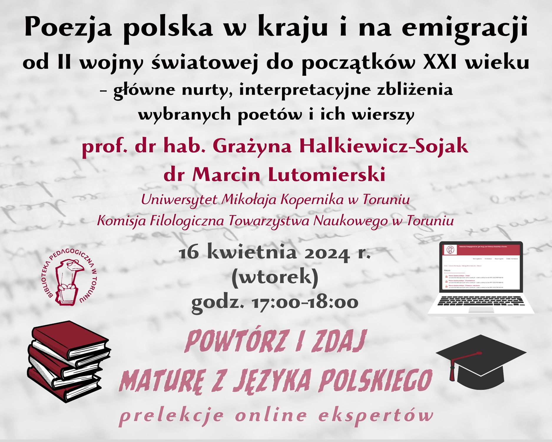 Grafika zapraszająca do udziału w wykładzie online. W lewym górnym rogu logo Biblioteki Pedagogicznej w Toruniu: ptak w okularach, siedzący na książce, w prawym górnym rogu laptop, w lewym dolnym stos książek a w prawym dolnym czarna czapka absolwencka.