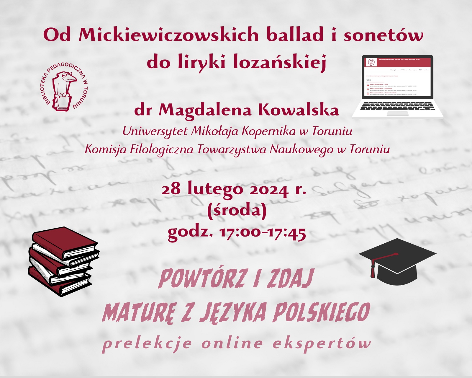Grafika zapraszająca do udziału w cwykładzie online. W lewym górnym rogu logo Biblioteki Pedagogicznej w Toruniu: ptak w okularach, siedzący na książce, w prawym górnym rogu laptop, w lewym dolnym stos książek a w prawym dolnym czarna czapka absolwencka.
