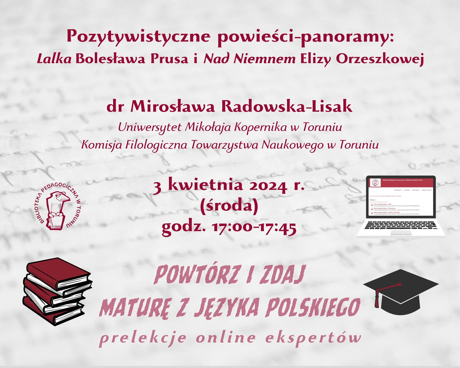 Grafika zapraszająca do udziału w wykładzie online. W lewym górnym rogu logo Biblioteki Pedagogicznej w Toruniu: ptak w okularach, siedzący na książce, w prawym górnym rogu laptop, w lewym dolnym stos książek a w prawym dolnym czarna czapka absolwencka.