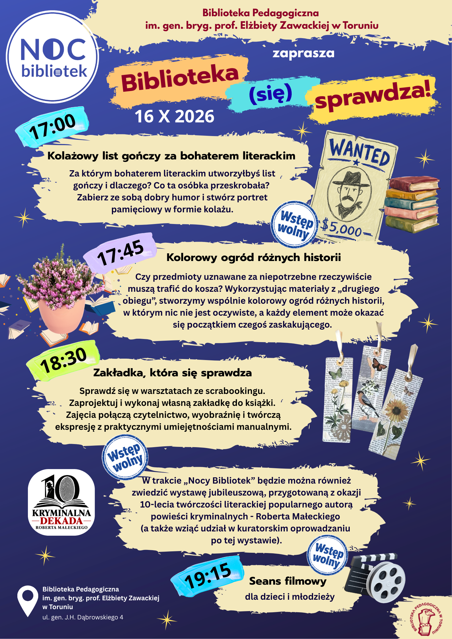 Plakat promujący wydarzenie Noc Bibliotek w&nbsp;Bibliotece Pedagogicznej w&nbsp;Toruniu