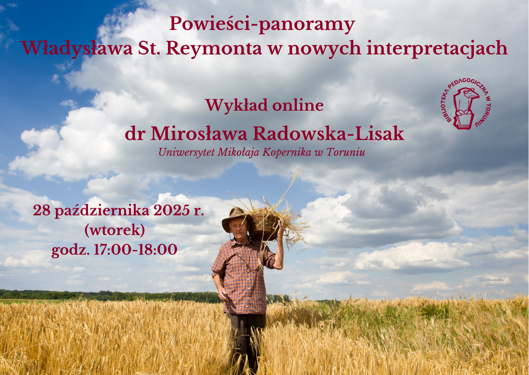 Plakat promujący wykład online w Bibliotece Pedagogicznej w Toruniu.