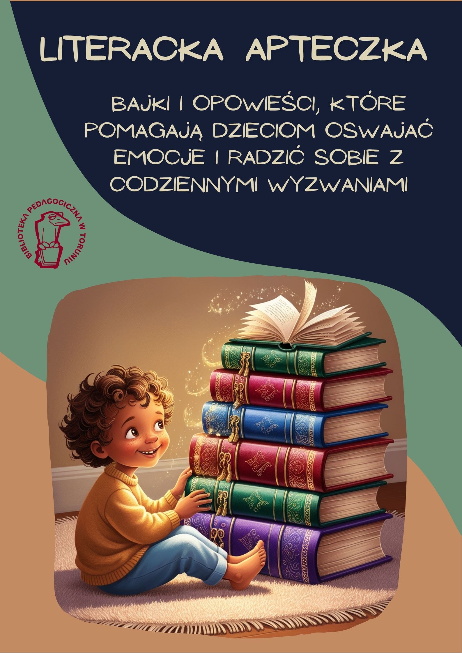 Plakat: na czarnym tle napis Literacka apteczka, poniżej tekst: Bajki i opowieści, które pomagają dzieciom oswajać emocje i radzić sobie z codziennymi wyzwaniami. Po lewej stronie logo Biblioteki Pedagogicznej w Toruniu, poniżej grafika chłopiec siedzący przed stosem kolorowych książek.