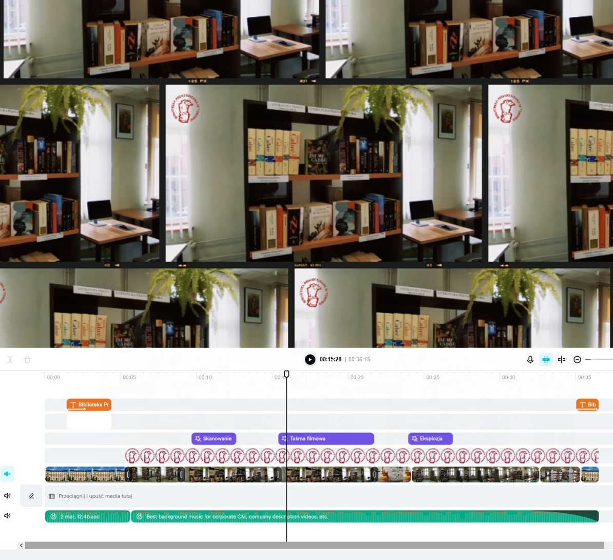 Na górze kadr z filmu - widoczne regały z ksiązkami. Poniżej kilka osi czasu programu do edycji filmów z widocznycmi elementami video, dźwiękowymi i graficznymi.